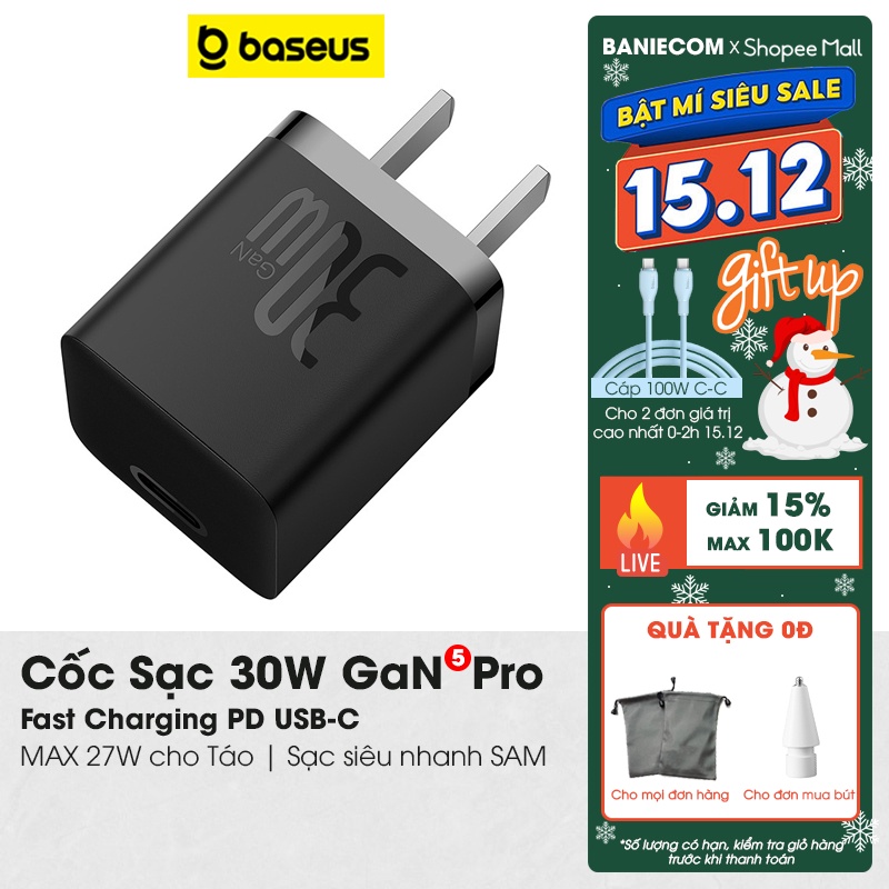 Bộ sạc nhanh 30W Baseus GaN5 Pro Fast Charger 1C 30W chuẩn PD Mini Cho Táo 15/14/13/12 Series - Sạc siêu nhanh 25W Sam