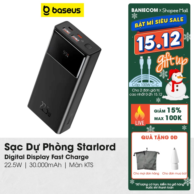 Sạc Dự Phòng 65W Baseus 20000mAh Star-Lord Digital Display Fast Charger Cho Laptop/Tablet/Phones - BANIECOM
