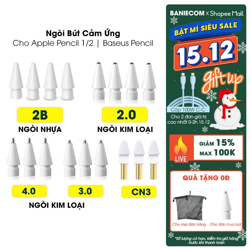 Ngòi bút cảm ứng ipad dùng cho Apple Pencil 1 & 2 / Baseus Pencil / Ugreen Pencil - BANIECOM