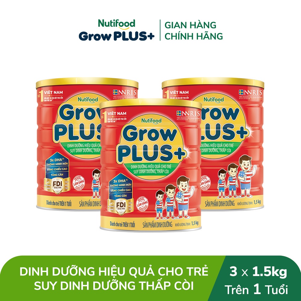 Combo 3 Sữa Bột Nutifood GrowPLUS+ Suy Dinh Dưỡng 1.5kg - Tăng Cân, Tăng Chiều Cao (3 Lon x Lon 1.5kg)