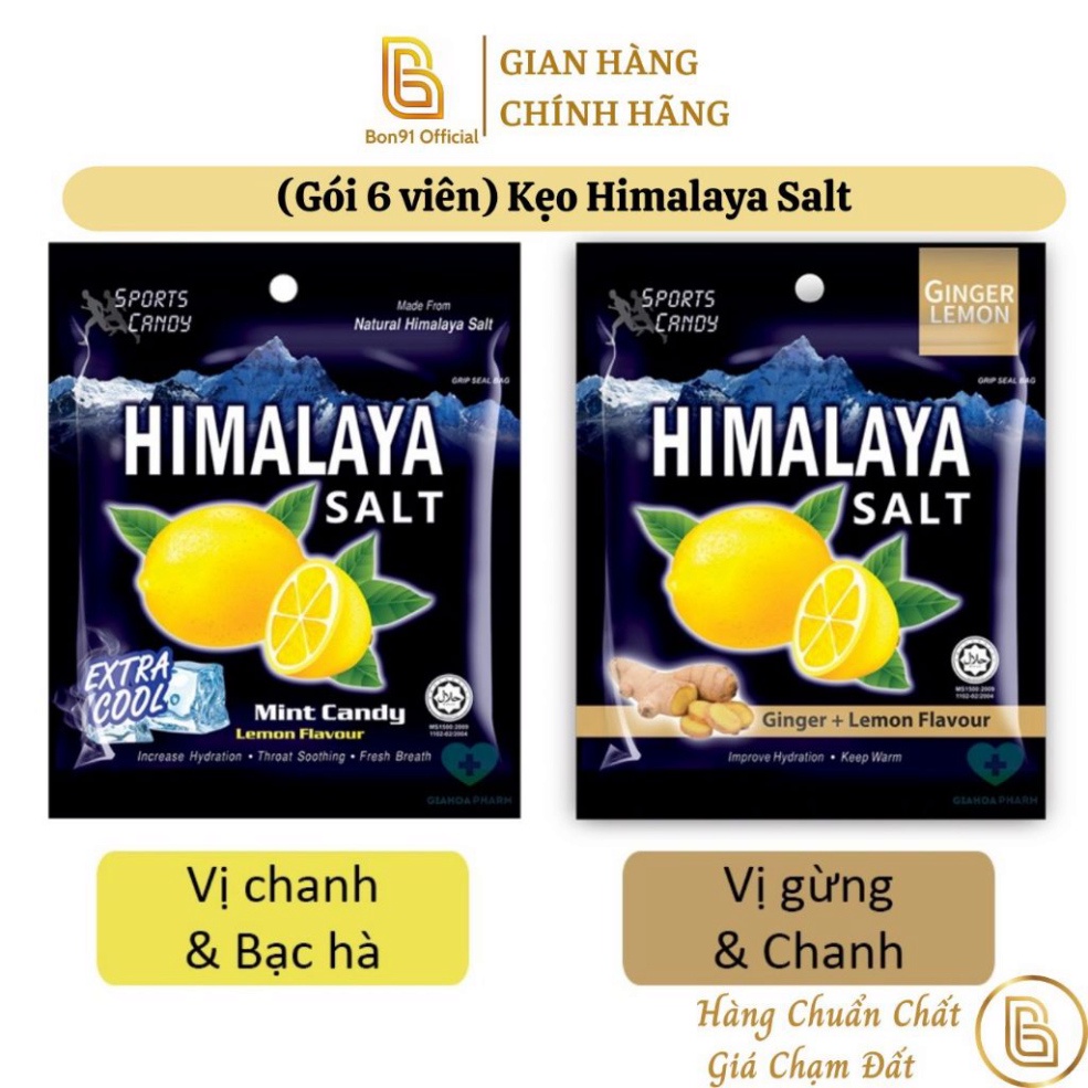 (Gói 6 viên) Kẹo Himalaya Salt vị chanh muối và chanh gừng giúp bù khoáng năng lượng cho cơ thể thông cổ mát họng (tem c