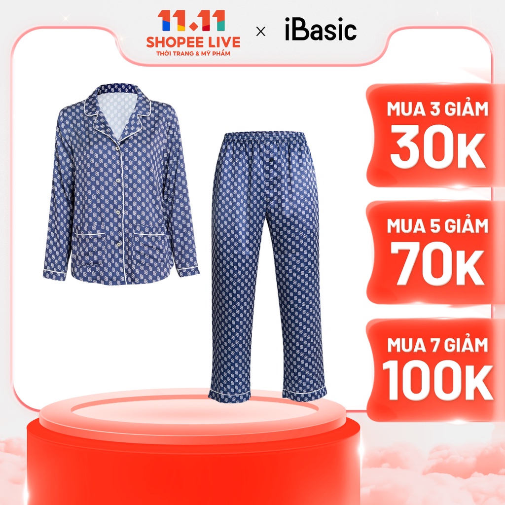 Bộ pyjama nữ lụa Satin dài hoạ tiết icon iBasic HOMW029T và HOMW029B