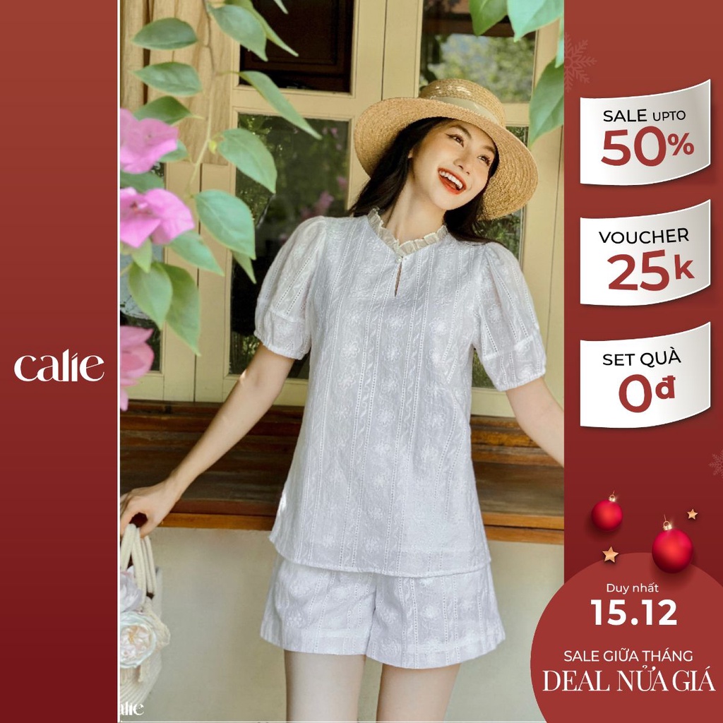 Set áo cách điệu cổ phối bèo tay bồng phối quần short thô CALIE AC260 QS028
