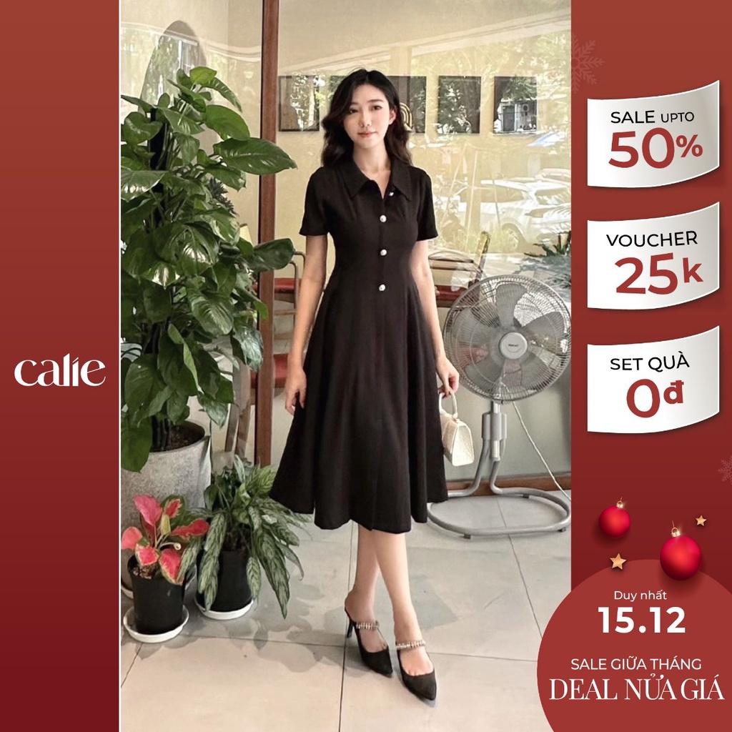 Váy nữ dáng xòe chiết ly eo đính cúc thanh lịch CALIE VX131