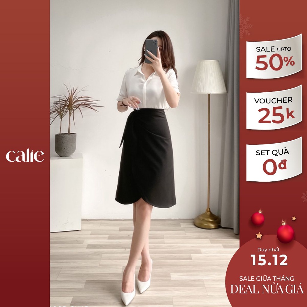 Chân váy dáng dài nữ dáng A vạt lệch buộc nơ thanh lịch thời trang công sở Calie House CV43