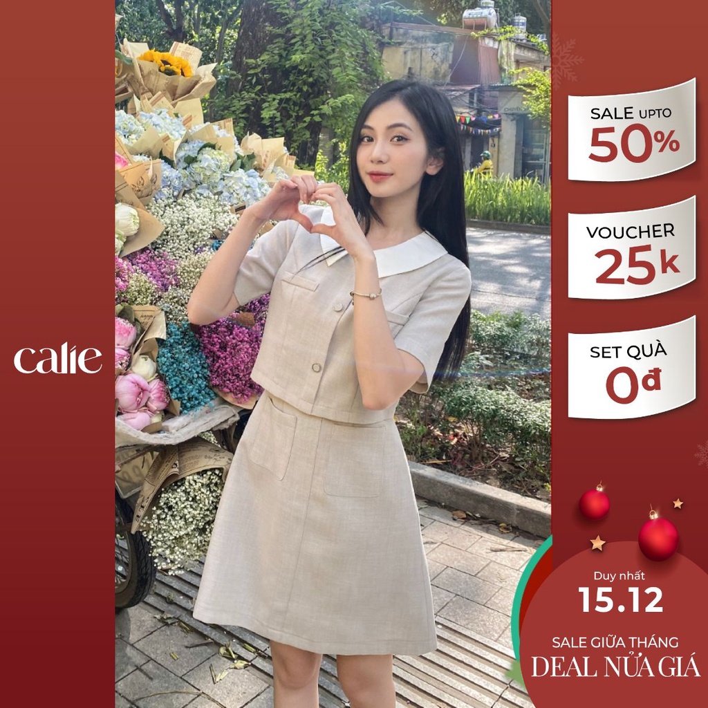 Váy nữ dáng A phối cổ can eo đính cúc trang trí CALIE VA327