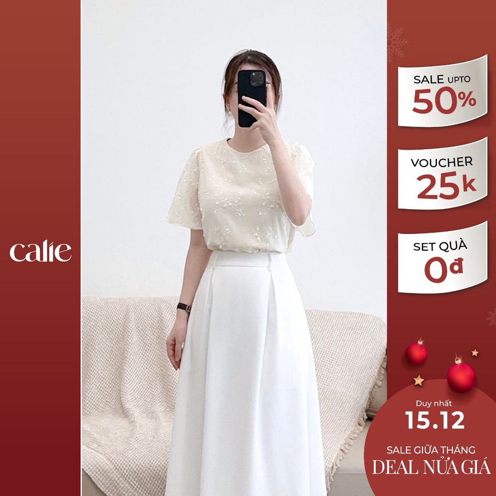 Áo cách điệu nữ cổ tròn tay bồng hoạ tiết thuê nổi CALIE AC297
