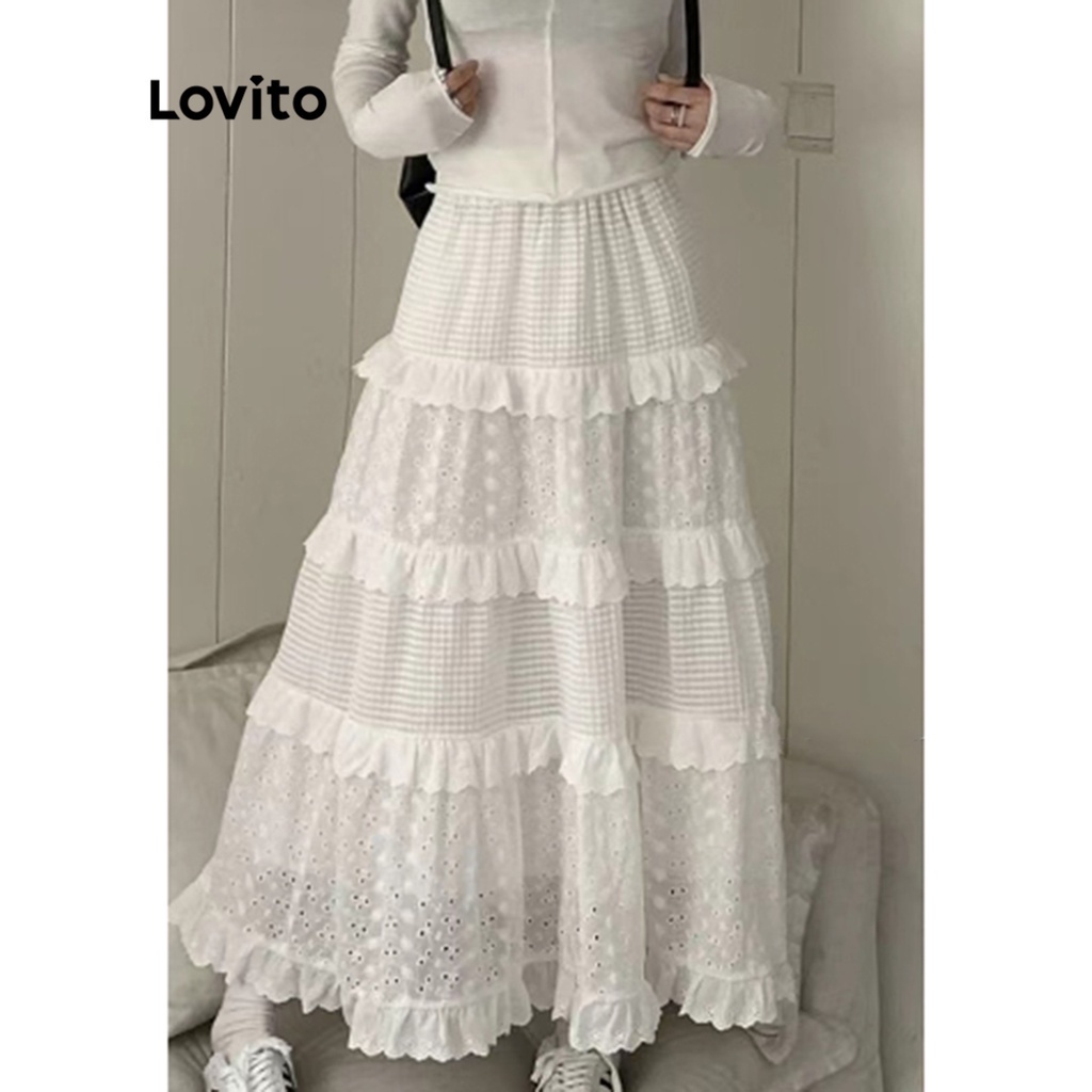 Chân váy midi LOVITO kiểu chữ A viền xếp nếp màu trơn thường ngày cho nữ LNA10128 (Màu trắng)