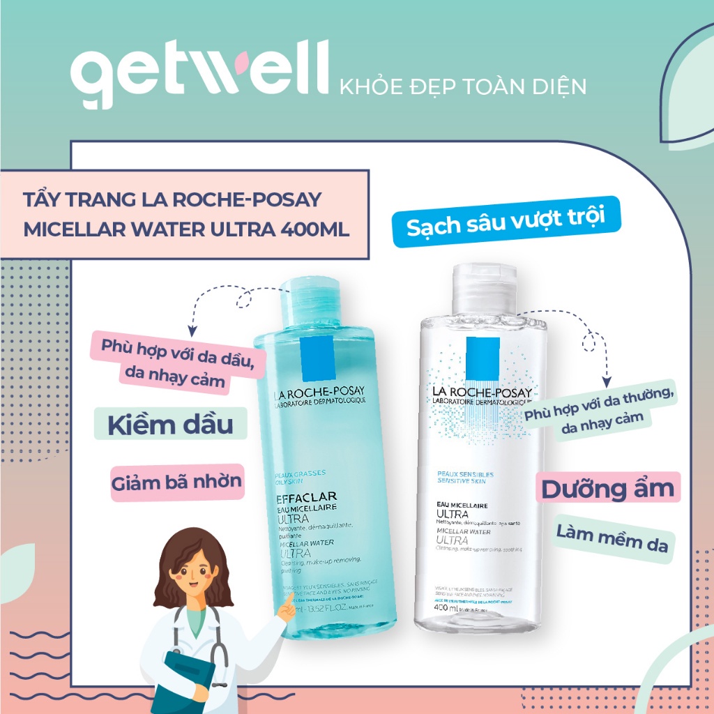 Nước tẩy trang La Roche Posay dịu nhẹ giúp làm sạch dầu thừa, lớp trang điểm Purifying Micellar Water 400ml
