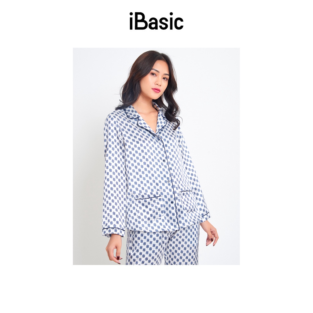 Bộ pyjama nữ lụa Satin dài hoạ tiết icon iBasic HOMW029T và HOMW029B