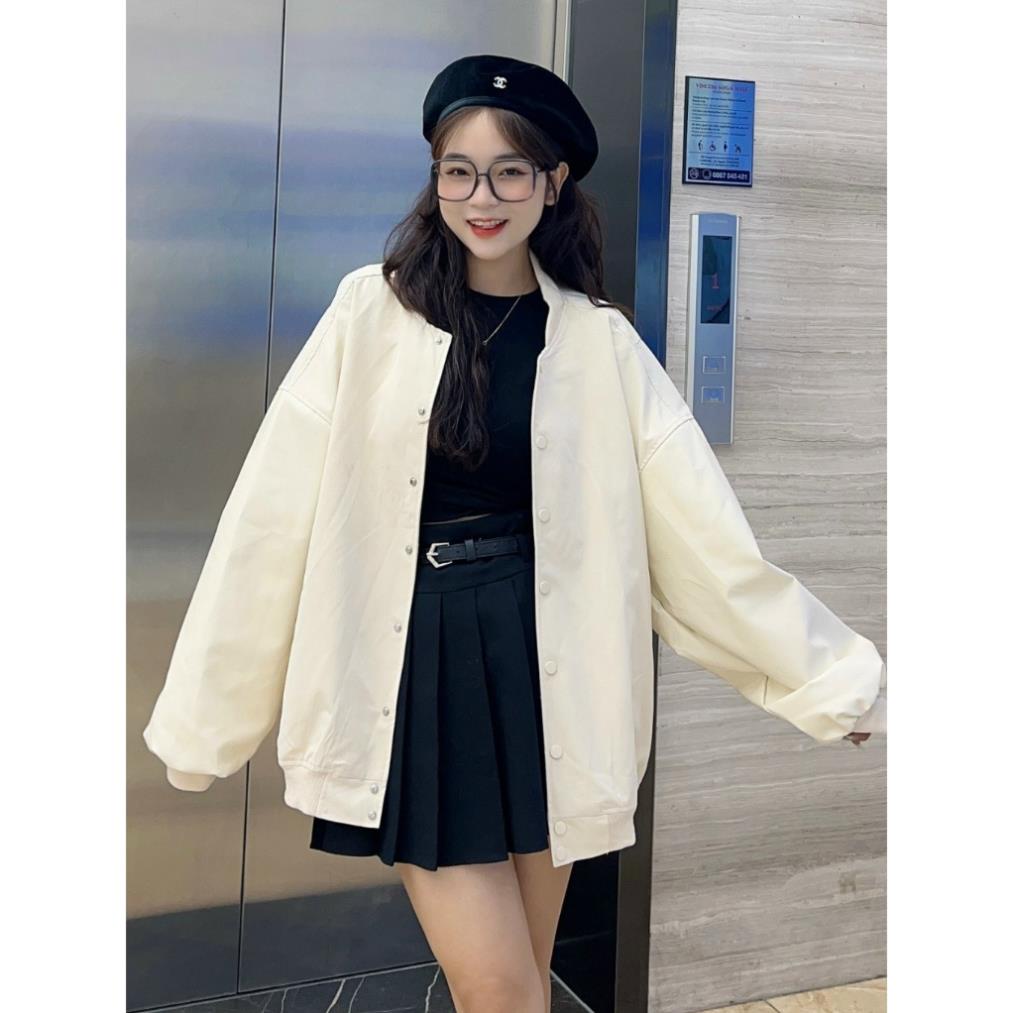 Áo khoác bomber trơn phối tay da from rộng - meo1998_store - Aokhoacbomber A27 hot