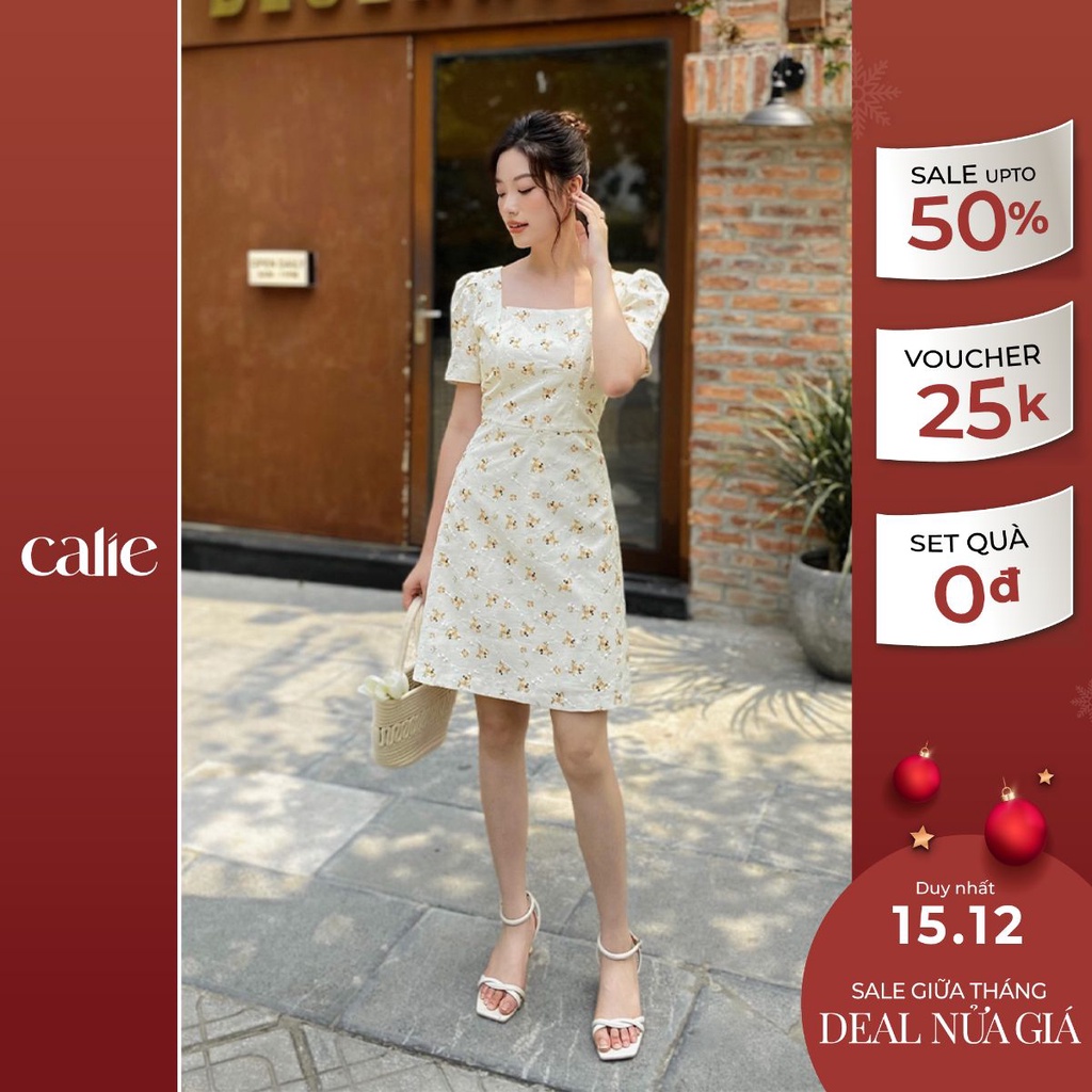 Váy dáng A cổ vuông tay bồng hoạ tiết hoa nhí nữ tính CALIE VA303