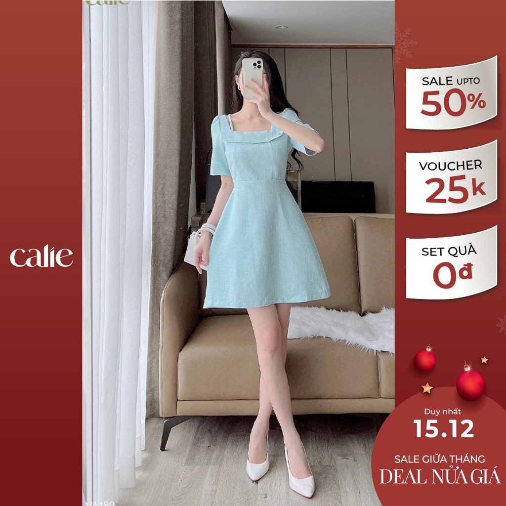 Váy dáng A cổ vuông đáp ngực thanh lịch dáng xòe Calie VA189