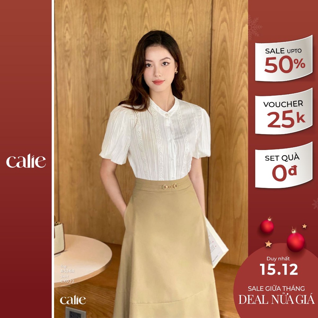 Áo sơ mi nữ cổ tàu phối ren tay bo CALIE AS264