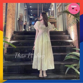 Đầm maxi dáng suông dài nhún ngực tay phồng Ulzzang siêu đẹp hình thật - M5