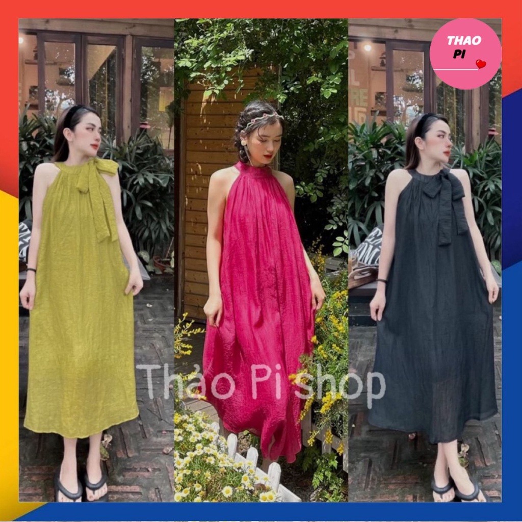 Váy maxi dáng suông cổ yếm đũi tơ cột nơ hai lớp cao cấp siêu đẹp kèm hình thật video - M27