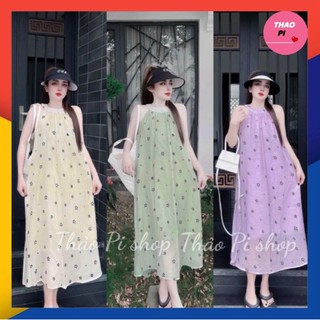 Đầm maxi cổ yếm hoạ tiết hoa hai lớp cao cấp siêu đẹp hình thật - M58