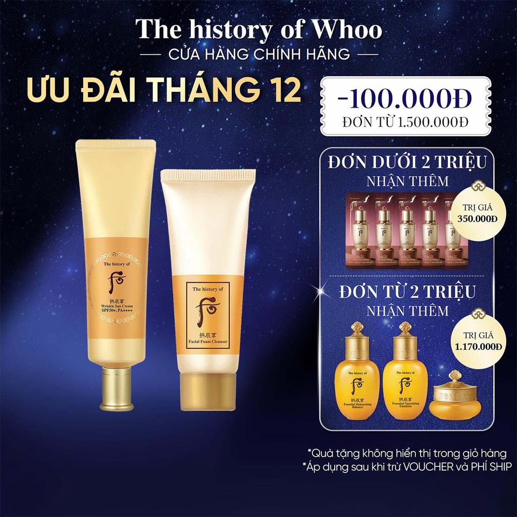 Bộ Kem chống nắng và sữa rửa mặt cải thiện nếp nhăn Whoo Wrinkle Sun Cream SPF50+, PA++++ 50ml