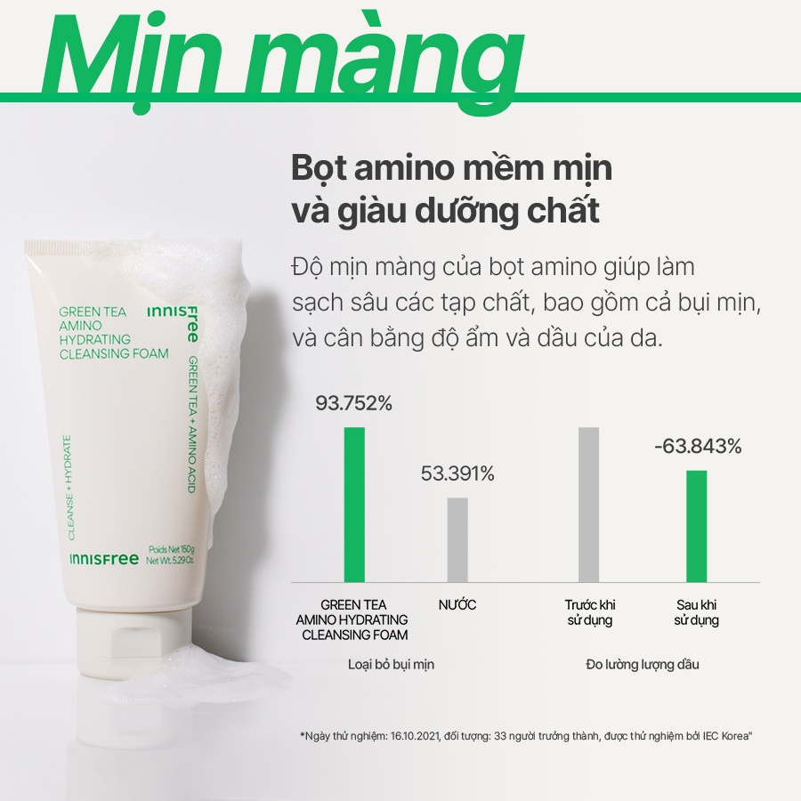 Bộ đôi làm sạch nước tẩy trang dưỡng ẩm Innisfree Green Tea Amino 320ml và Sữa rửa mặt Green Tea Foam 150g