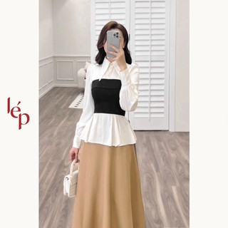 Set áo sơ mi trắng phối quây đen và chân váy be dài Lep' 1AO0174TR
