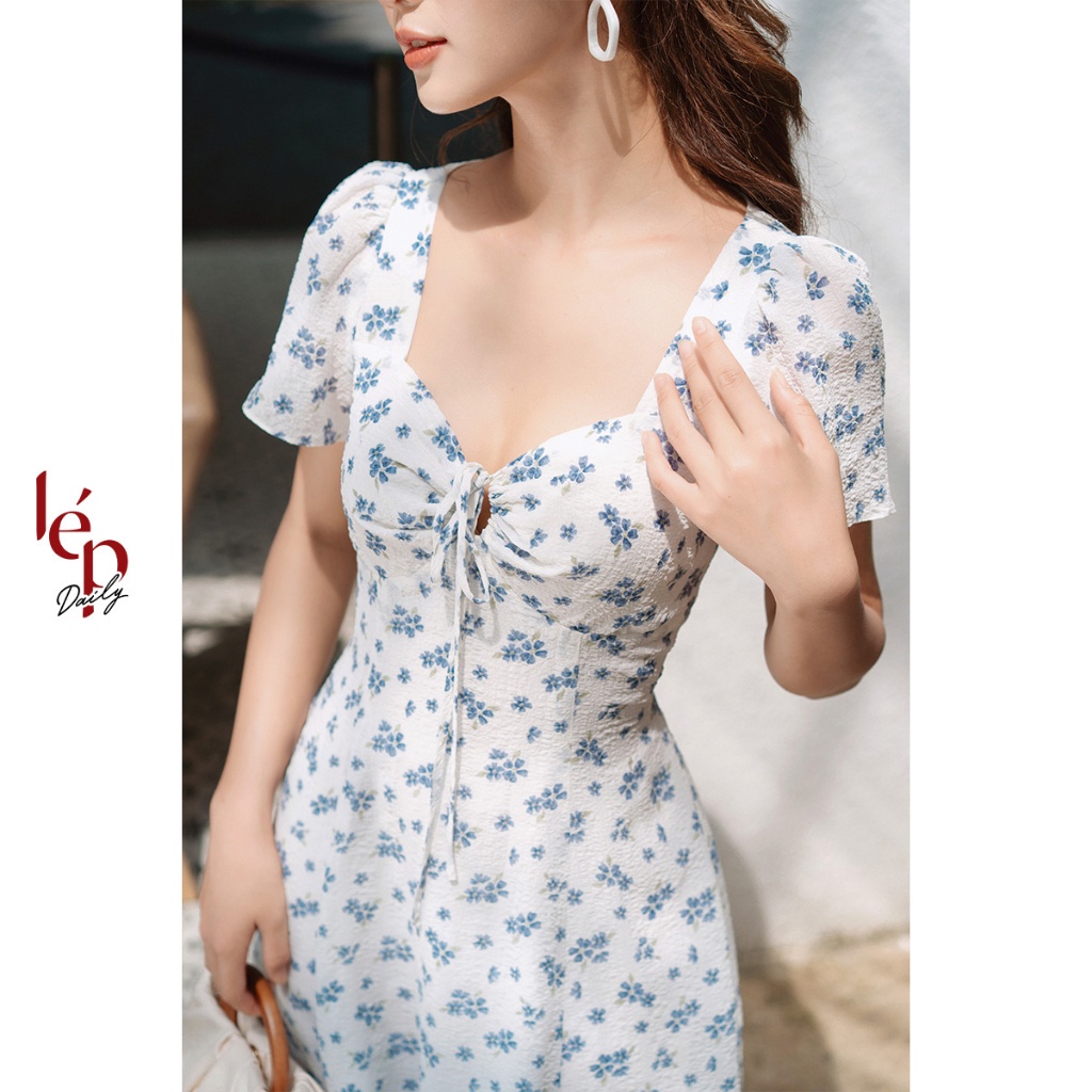 Váy trắng hoa xanh rút ngực kiểu dáng midi Lep' DS02V102418W2