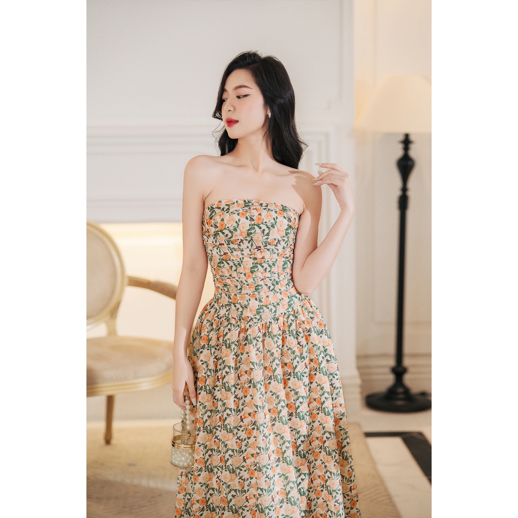 Váy quây ngực hoa cam nhún thân dáng xoè midi Lep' DS03V102565C1