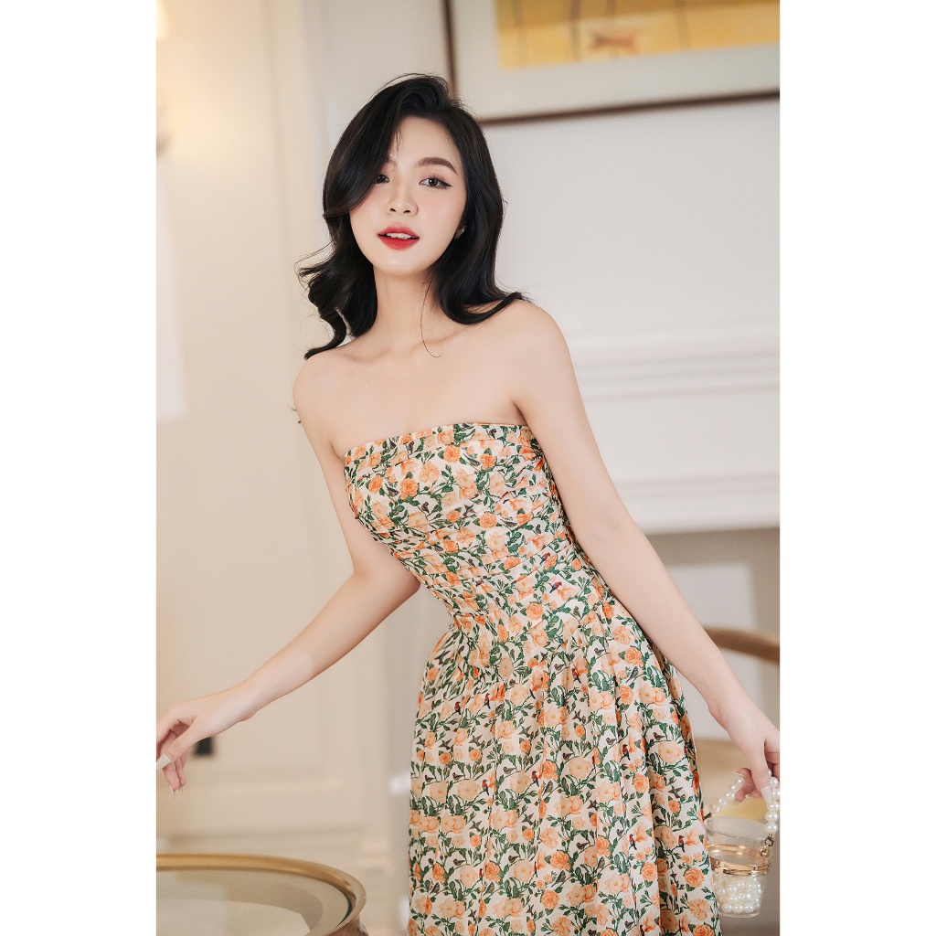 Váy quây ngực hoa cam nhún thân dáng xoè midi Lep' DS03V102565C1