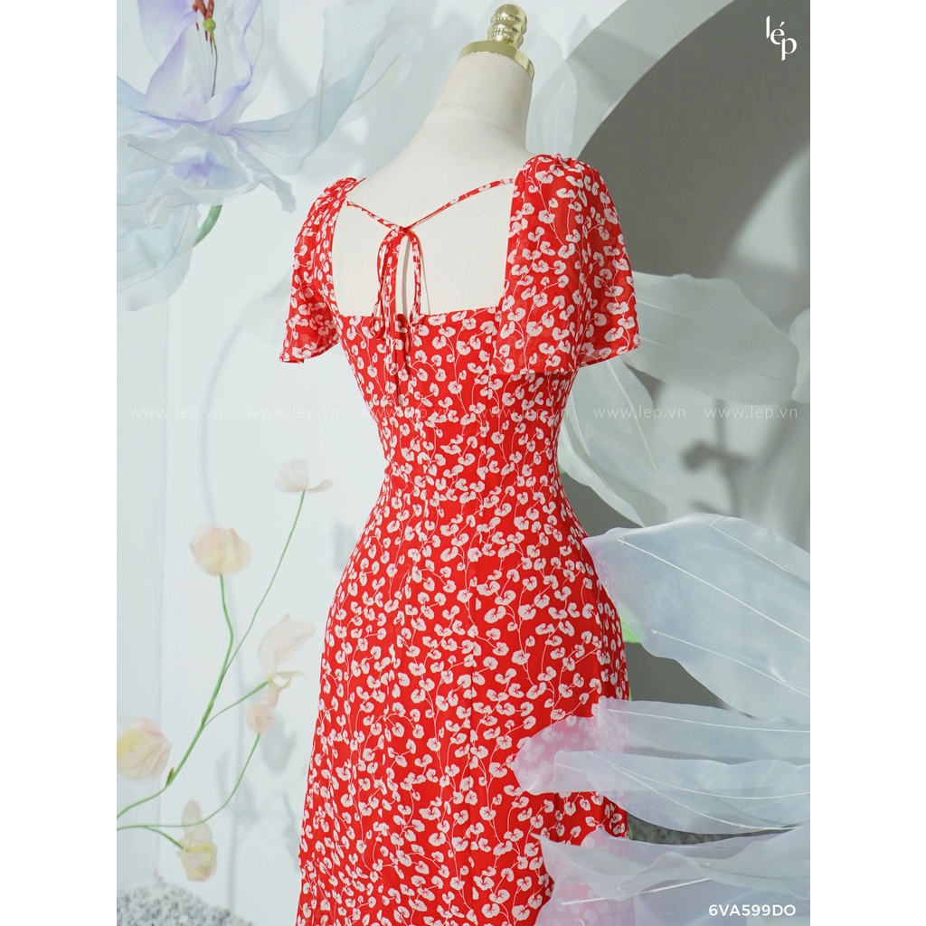 Váy hoa nhí đỏ cổ vuông tùng đuôi cá, thiết kế chiết eo, hở lưng, tôn dáng thanh lịch 1VA599DO Lep'