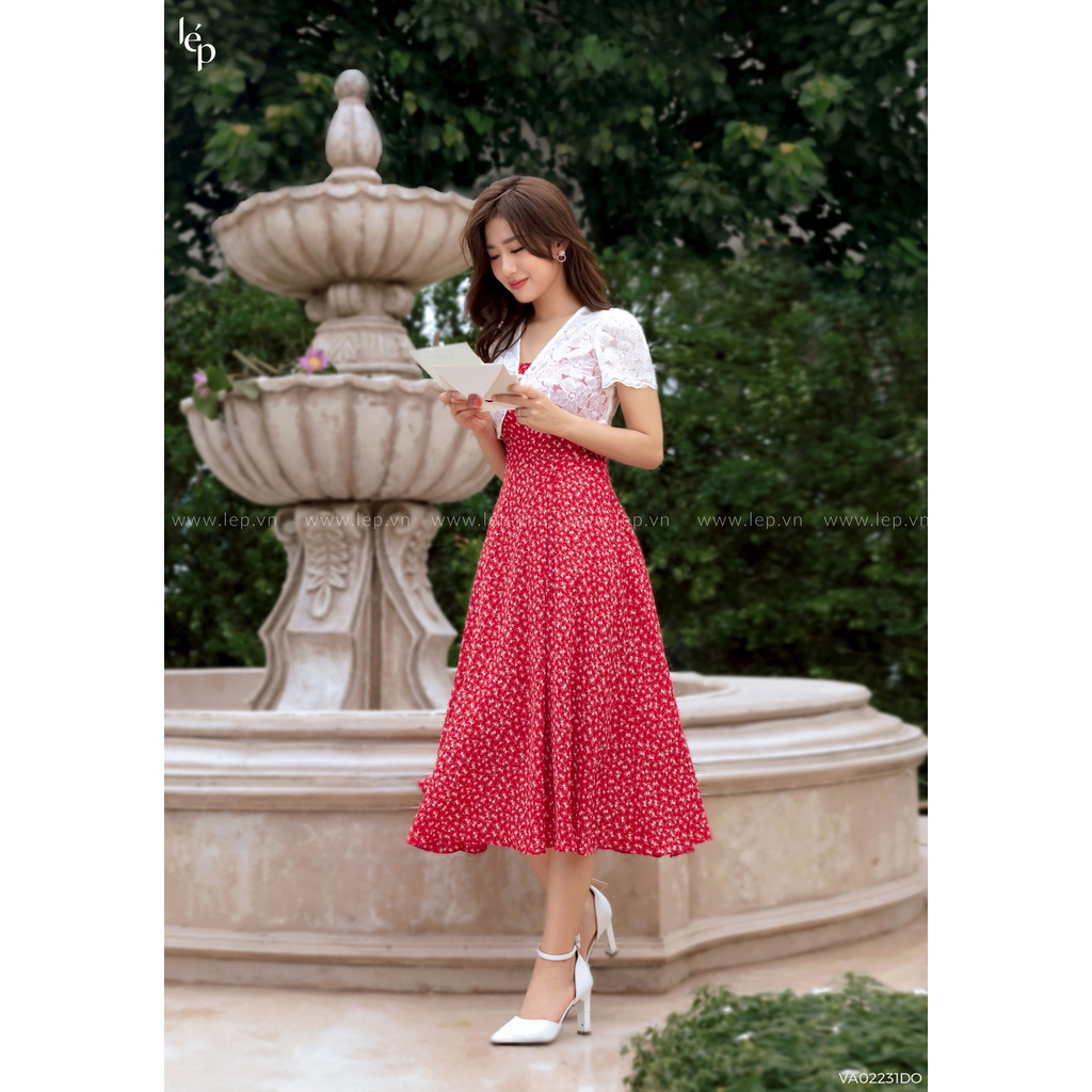 Váy đỏ hoa nhí phối áo khoác lửng dáng xoè midi Lep'