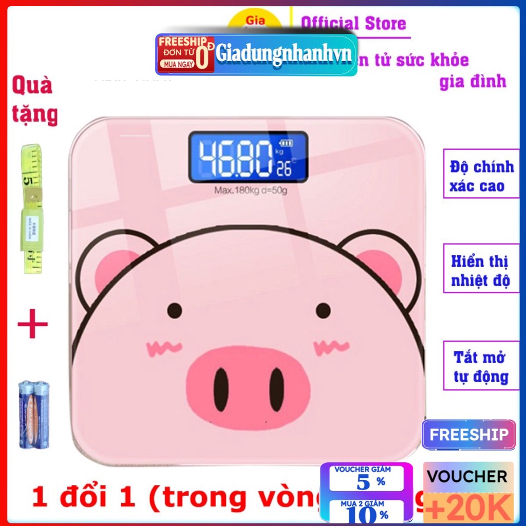 Cân Sức Khoẻ Điện Tử Thông Minh, Cân Hình Lợn Hồng cute, Cân Tiểu Ly Mini Nhà Bếp Dùng Pin