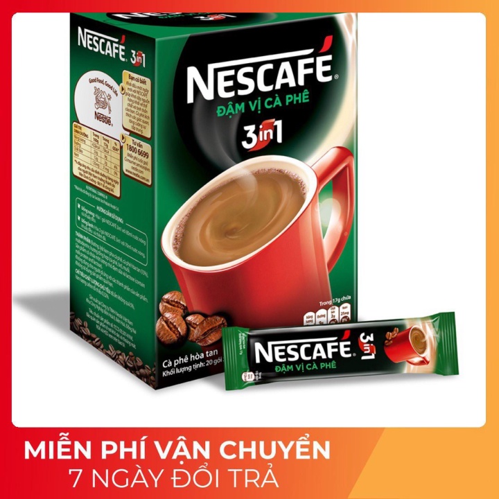 Hộp 20 gói x 17g NESCAFE 3in1 Rang xay Đậm Vị Cà Phê (NET XANH)