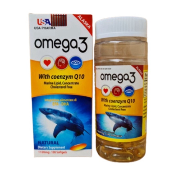 Alaska Omega 3 with Coenzym Q10 hộp 100 viên USA Pharma sáng mắt bổ não (tem công ty)