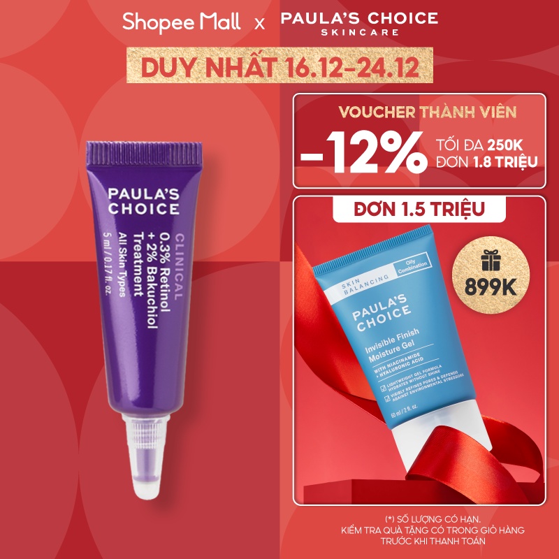 Tinh chất chống lão hóa từ Retinol và Bakuchiol Paula's Choice Clinical 0.3% Retinol + 2% Bakuchiol 5ml Mã 8016