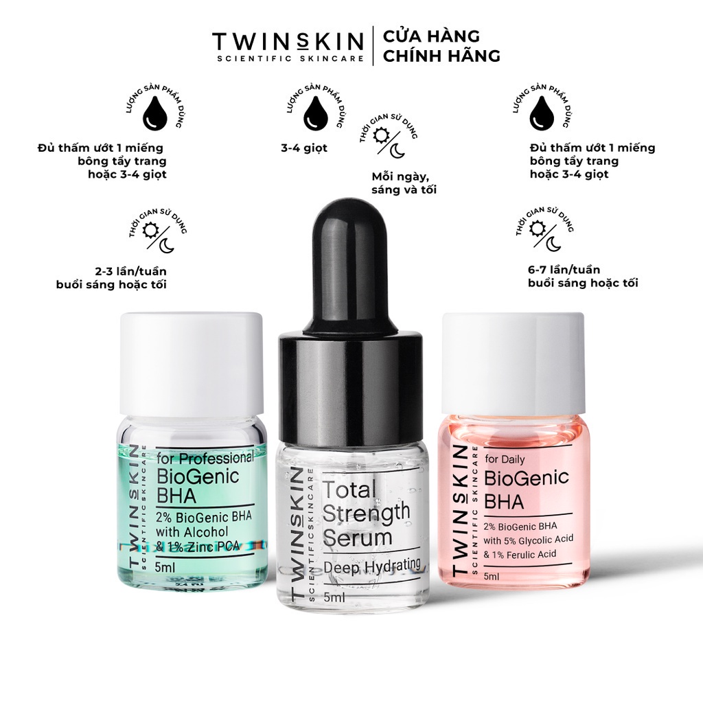 Combo tẩy tế bào chết, cấp nước hàng ngày & theo liệu trình, giảm mụn, phục hồi da TWINSSKIN 5ml