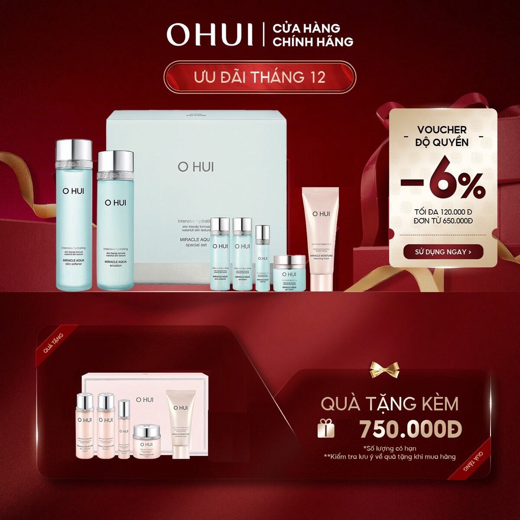 Bộ cấp nước dưỡng ẩm da sáng trong OHUI Miracle Aqua Set 6 món