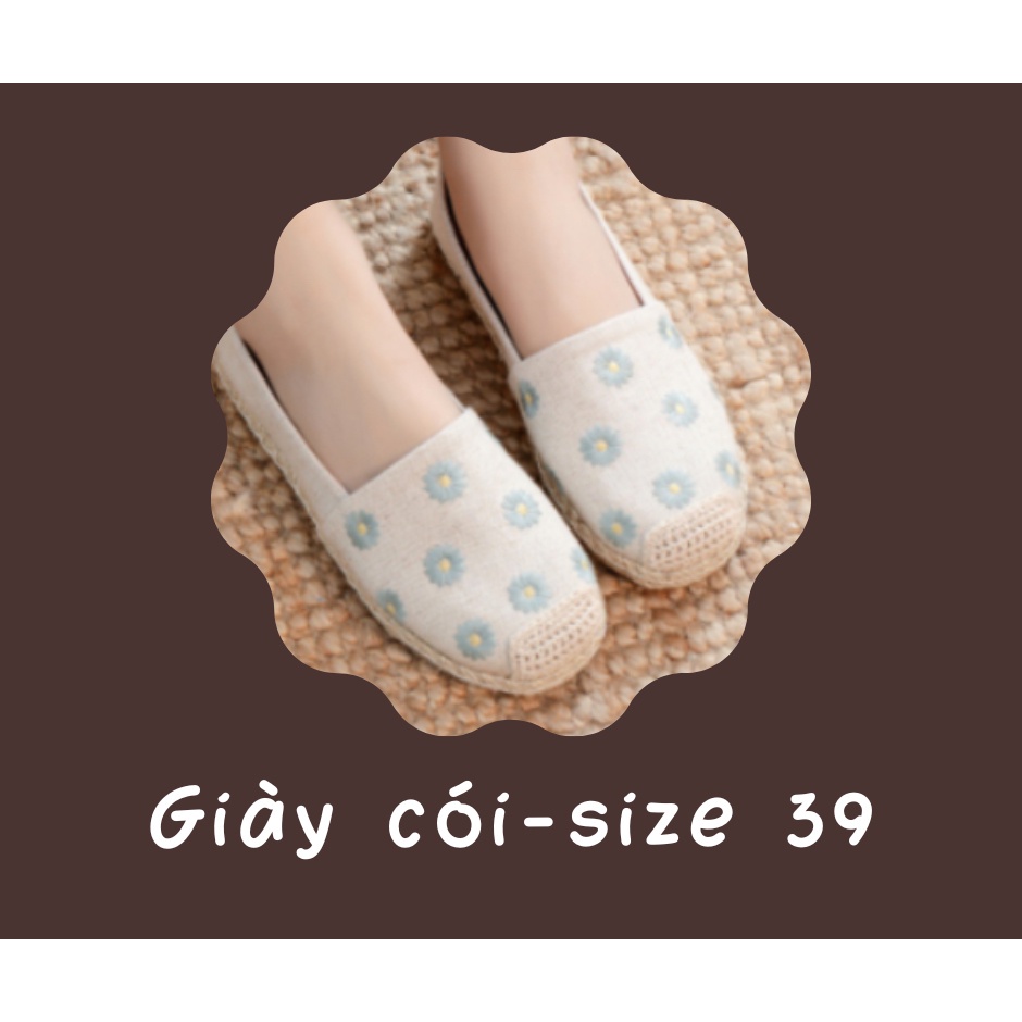 Slip On cói nữ/ giày lười vải thêu bông cúc xanh chất liệu vải bố màu kem, đi học, đi làm