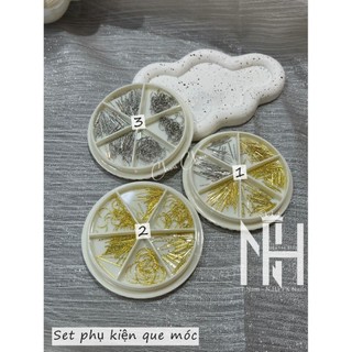 Set phụ kiện vàng bạc que móc, phụ kiện que trang trí móng, phụ kiện móc trang trí móng