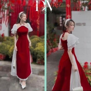 Set áo dài đỏ cách tân đón Tết , set bộ áo dài kèm quần suông cổ yếm cách tân màu đỏ