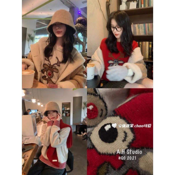 [A2021] ÁO LEN NOEL TUẦN LỘC PHỐI SỌC metwo.dearu - Áo len Đỏ Noel hình tuần lộc dáng lửng croptop d
