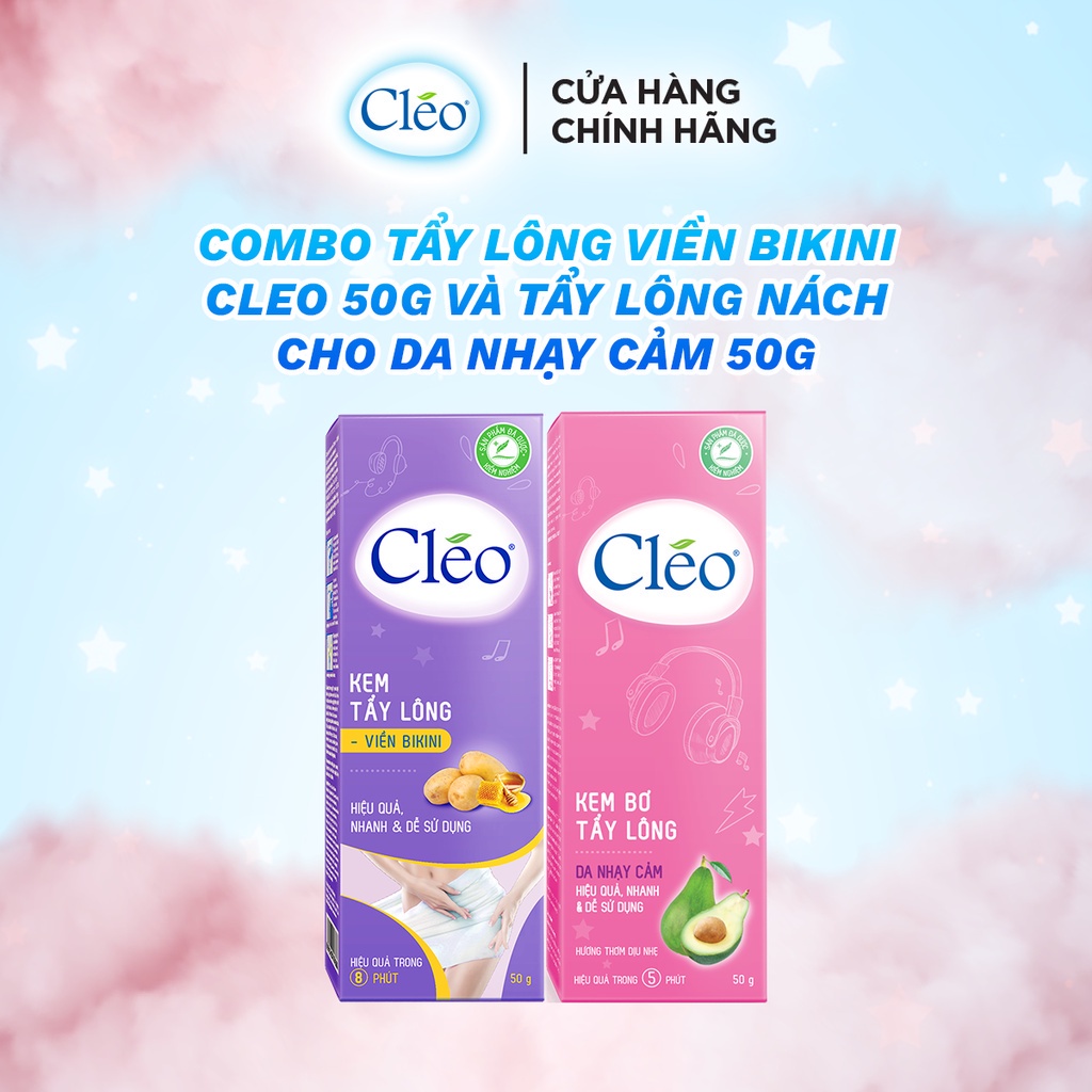 Bộ kem tẩy lông cho da nhạy cảm Cléo gồm kem tẩy lông vùng kín 50g và kem tẩy lông nách 50g, an toàn, da láng mịn