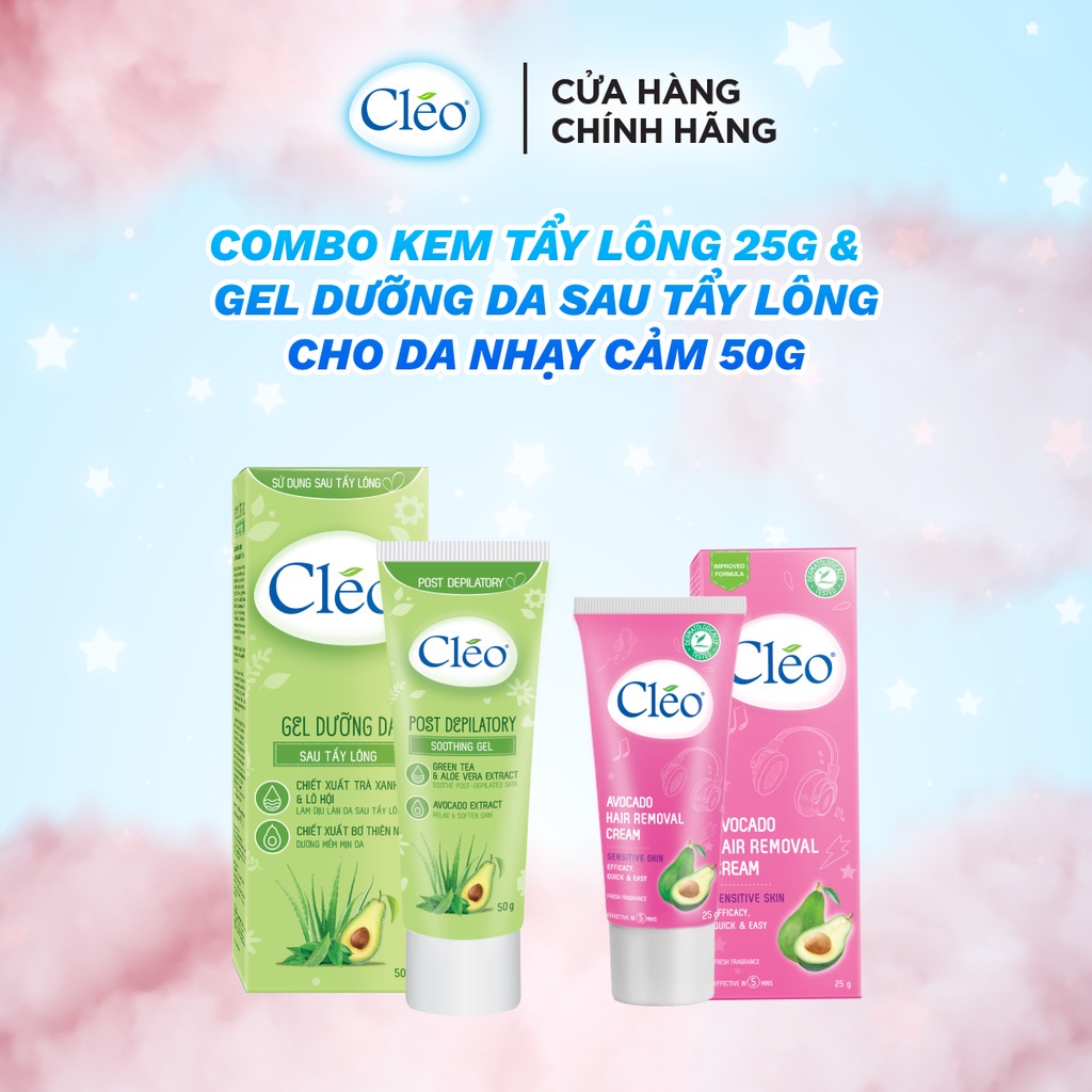 Combo gel dưỡng da sau tẩy lông Cléo giúp làm dịu da 50g và Kem Tẩy Lông Cléo 25g Cho Da Nhạy Cảm an toàn không đau rát