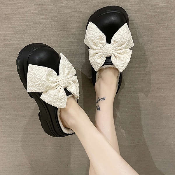 Dép Bông Đi Trong Nhà Đế Dày Chống Trượt Đính Nơ Dễ Thương Cho Nữ