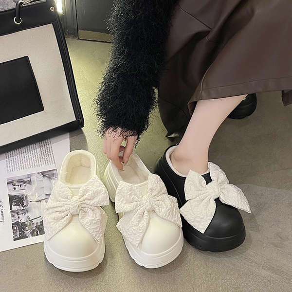 Dép Bông Đi Trong Nhà Đế Dày Chống Trượt Đính Nơ Dễ Thương Cho Nữ