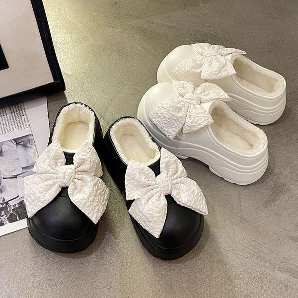 Dép Bông Đi Trong Nhà Đế Dày Chống Trượt Đính Nơ Dễ Thương Cho Nữ