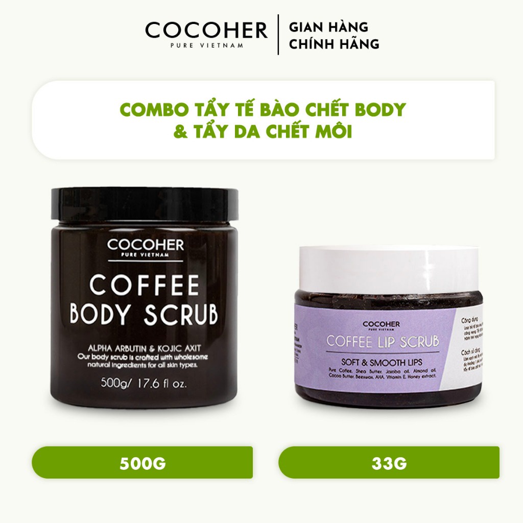 Combo Tẩy Tế Bào Chết Body và Tẩy Da Chết Môi COCOHER Chiết Xuất Cà Phê Hữu Cơ, Mờ Thâm