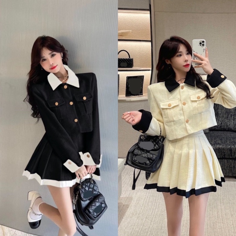 Set Dạ Pha Cổ Túi Hộp phần chân váy Xếp Ly 2 Màu Hàng 2 Lớp | BigBuy360 - bigbuy360.vn