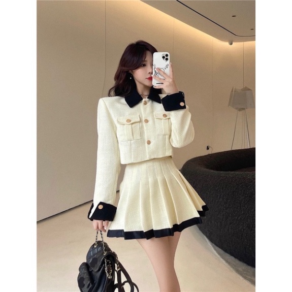 Set Dạ Pha Cổ Túi Hộp phần chân váy Xếp Ly 2 Màu Hàng 2 Lớp | BigBuy360 - bigbuy360.vn