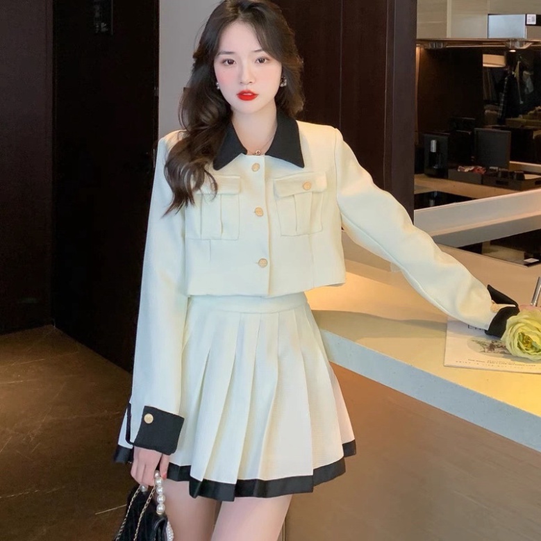 Set Dạ Pha Cổ Túi Hộp phần chân váy Xếp Ly 2 Màu Hàng 2 Lớp | BigBuy360 - bigbuy360.vn