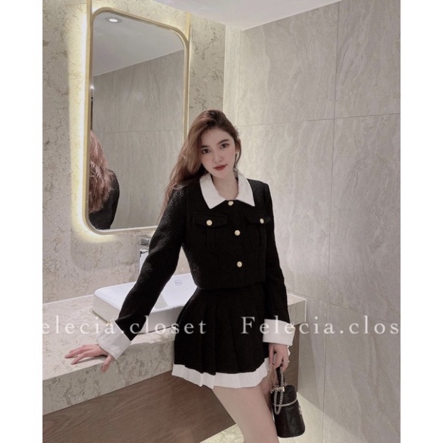 Set Dạ Pha Cổ Túi Hộp phần chân váy Xếp Ly 2 Màu Hàng 2 Lớp | BigBuy360 - bigbuy360.vn