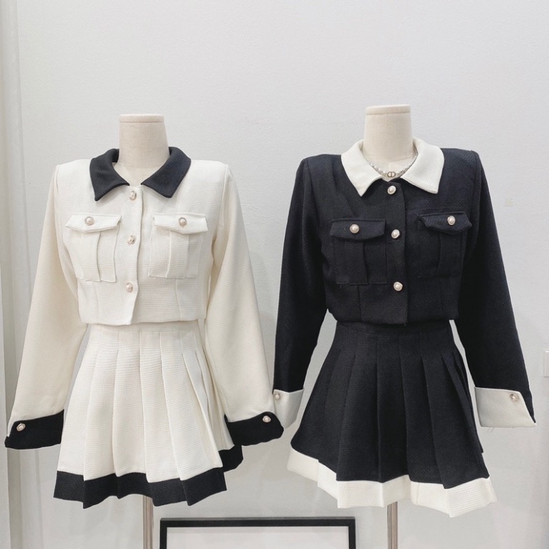 Set Dạ Pha Cổ Túi Hộp phần chân váy Xếp Ly 2 Màu Hàng 2 Lớp | BigBuy360 - bigbuy360.vn